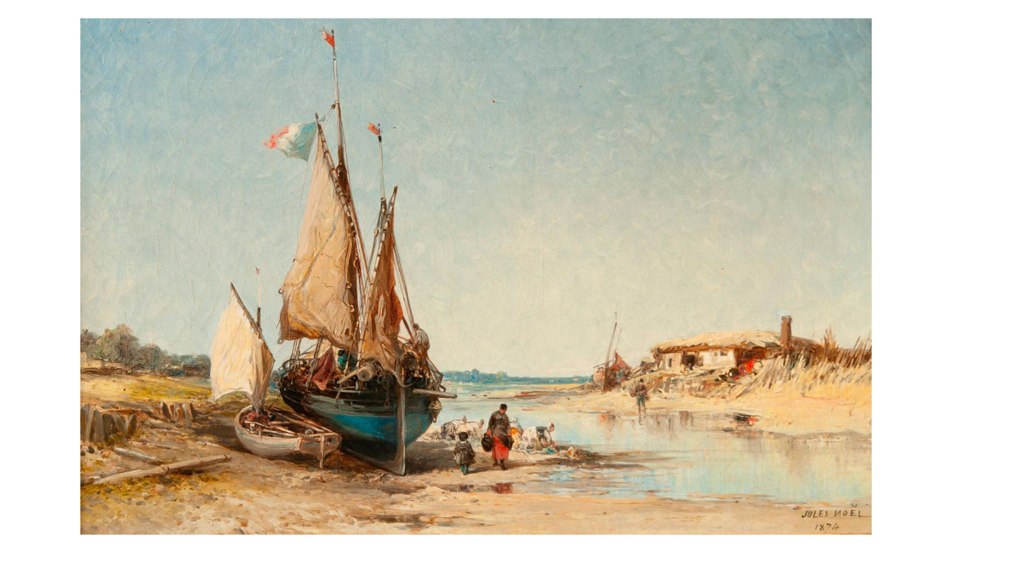 Jules Achille NOËL (1810-1881) — Lavandières et bateaux de pêche à marée basse, 1874