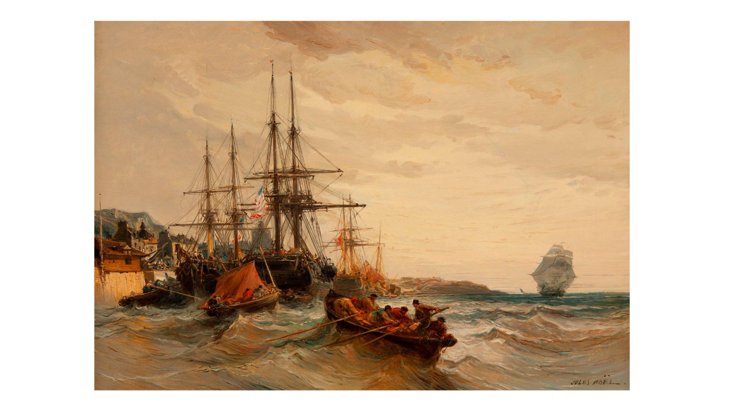 Jules Achille NOËL (1810-1881) — Bateaux amarés, mer agitée