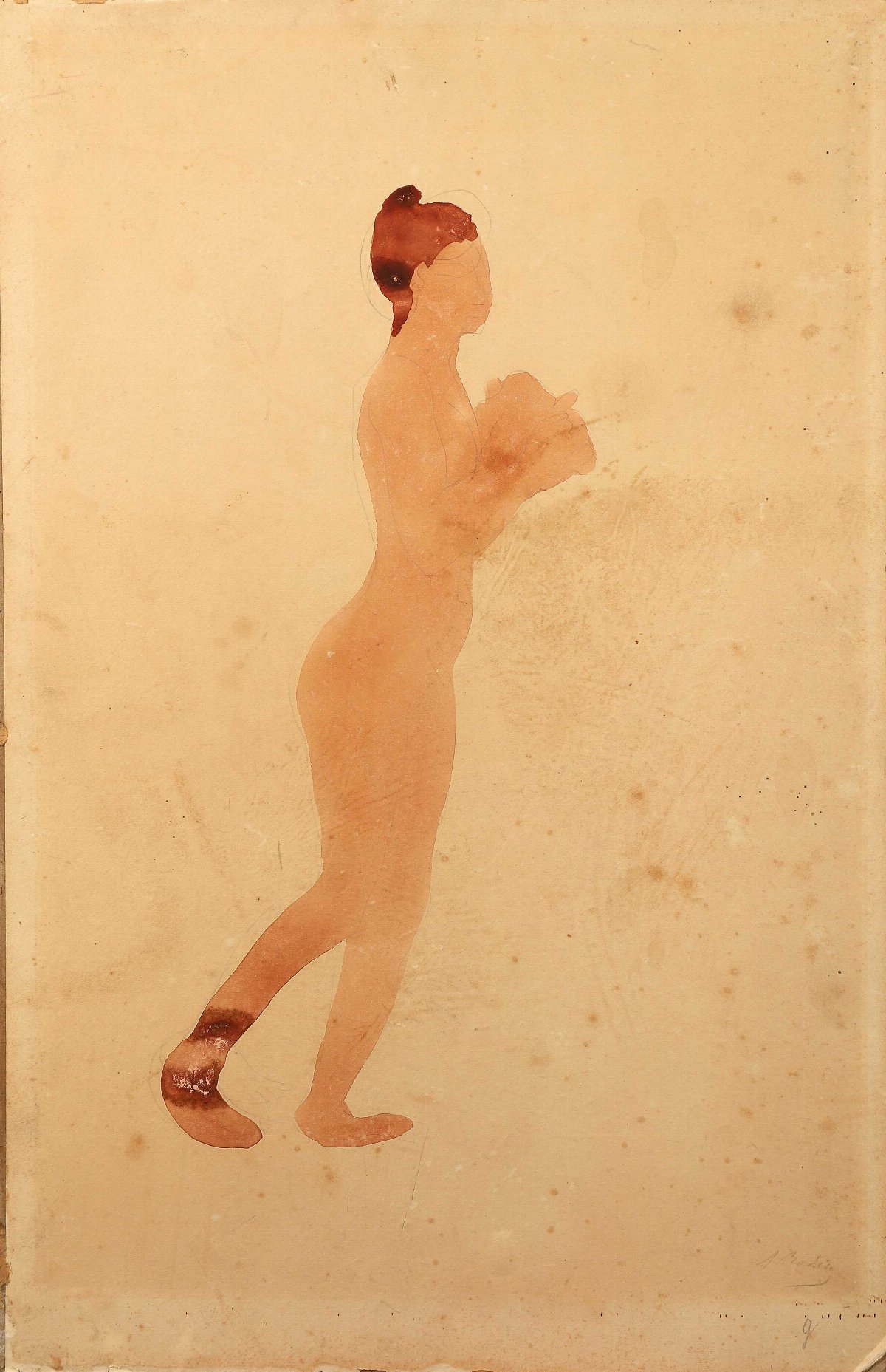  — Femme nue debout, de profil vers la droite, les avant-bras repliés