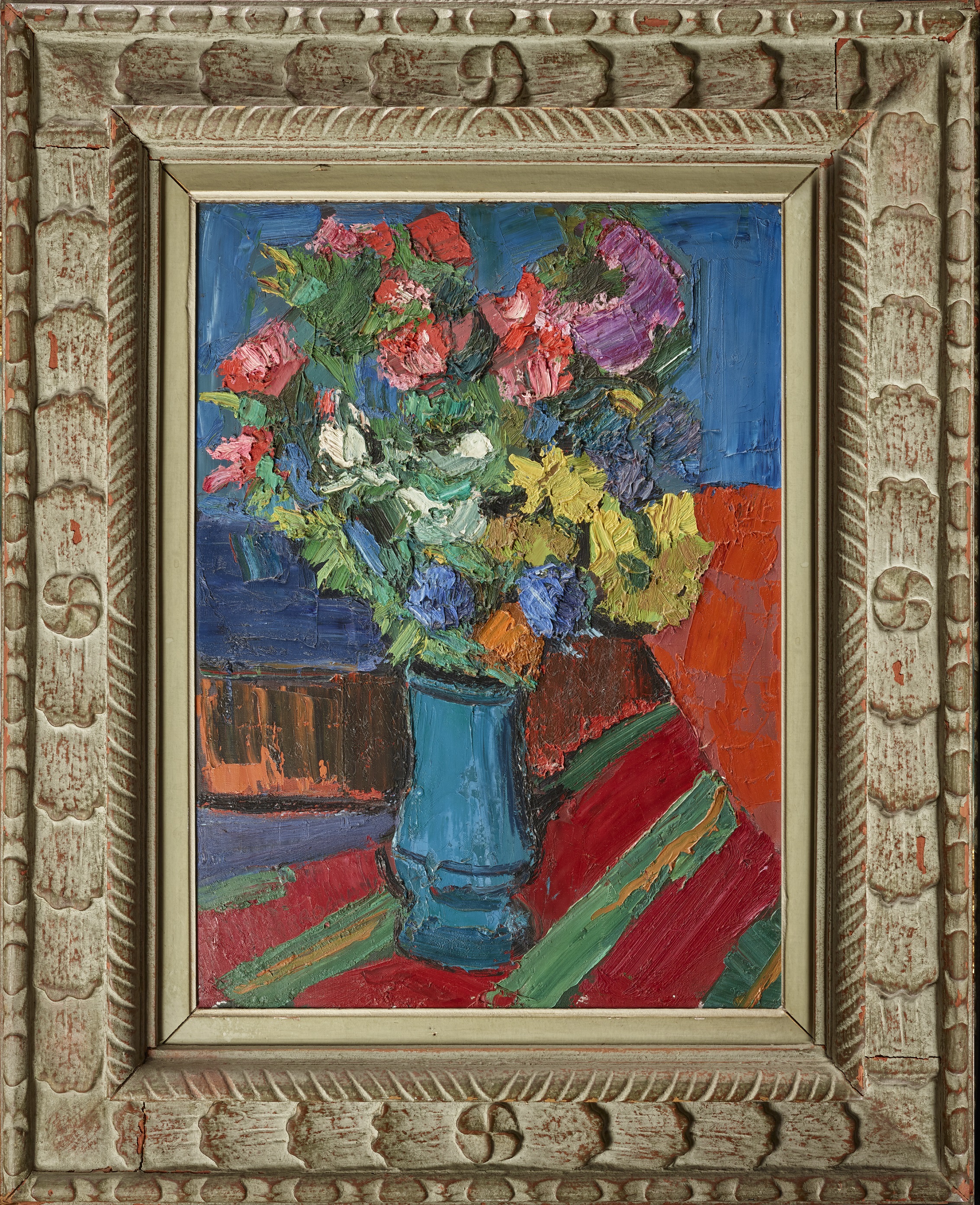 Pierre AMBROGIANI (1907-1985) — Vase de fleurs sur une nappe rayée