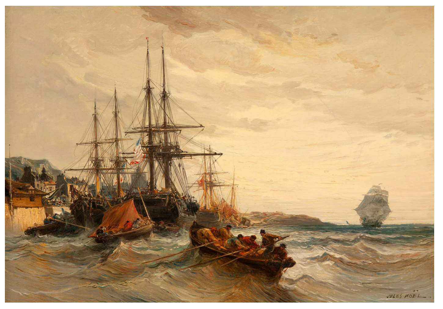Jules Achille NOËL (1810-1881) — Bateaux amarés, mer agitée