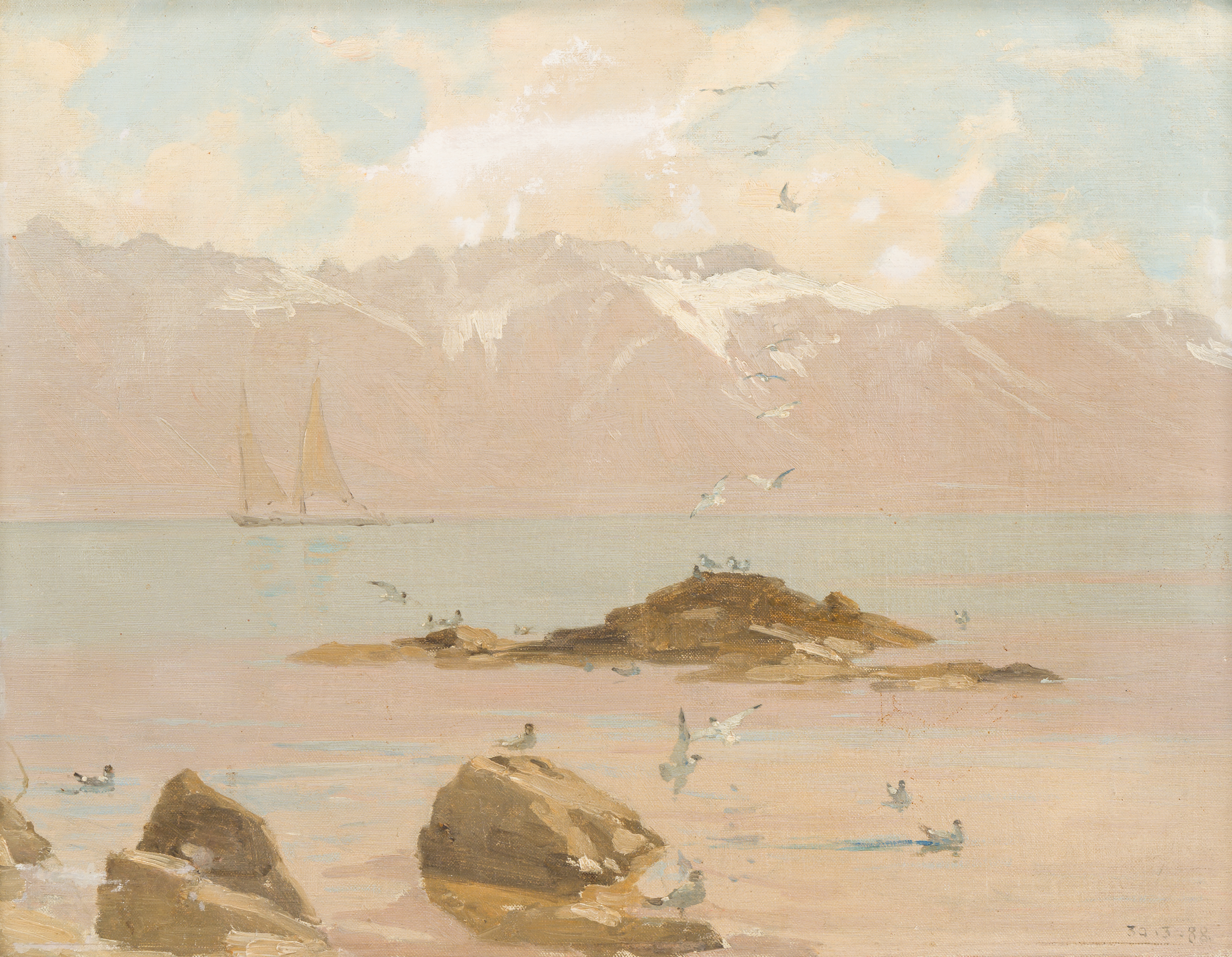 FRANÇOIS BOCION (1828-1890) — Voilier et mouettes au large de Pully, Suisse
