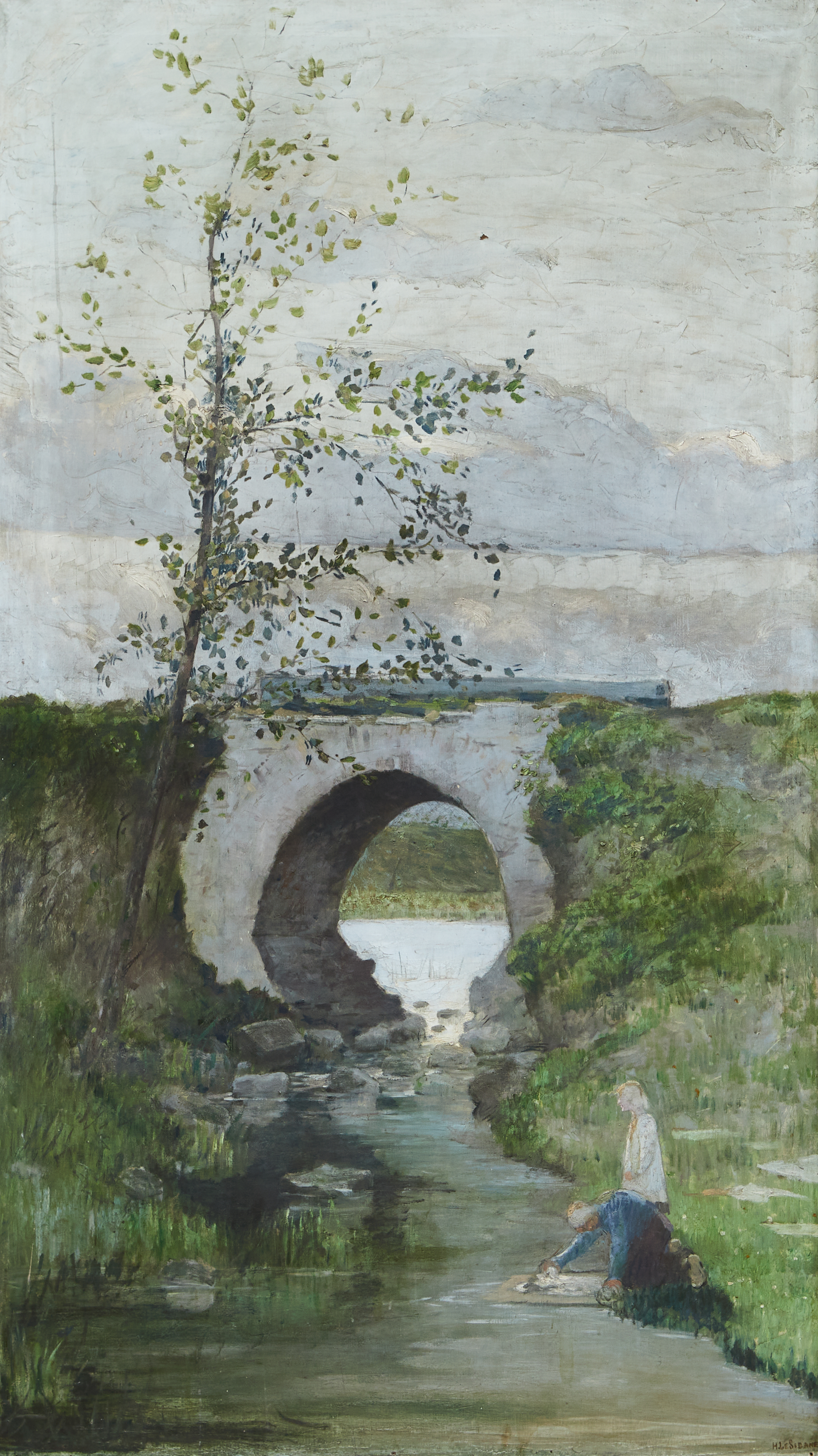 Henri LE SIDANER (1862-1939) — «Pont sur un canal avec laveuses au premier plan, Mardyck, vers 1884»