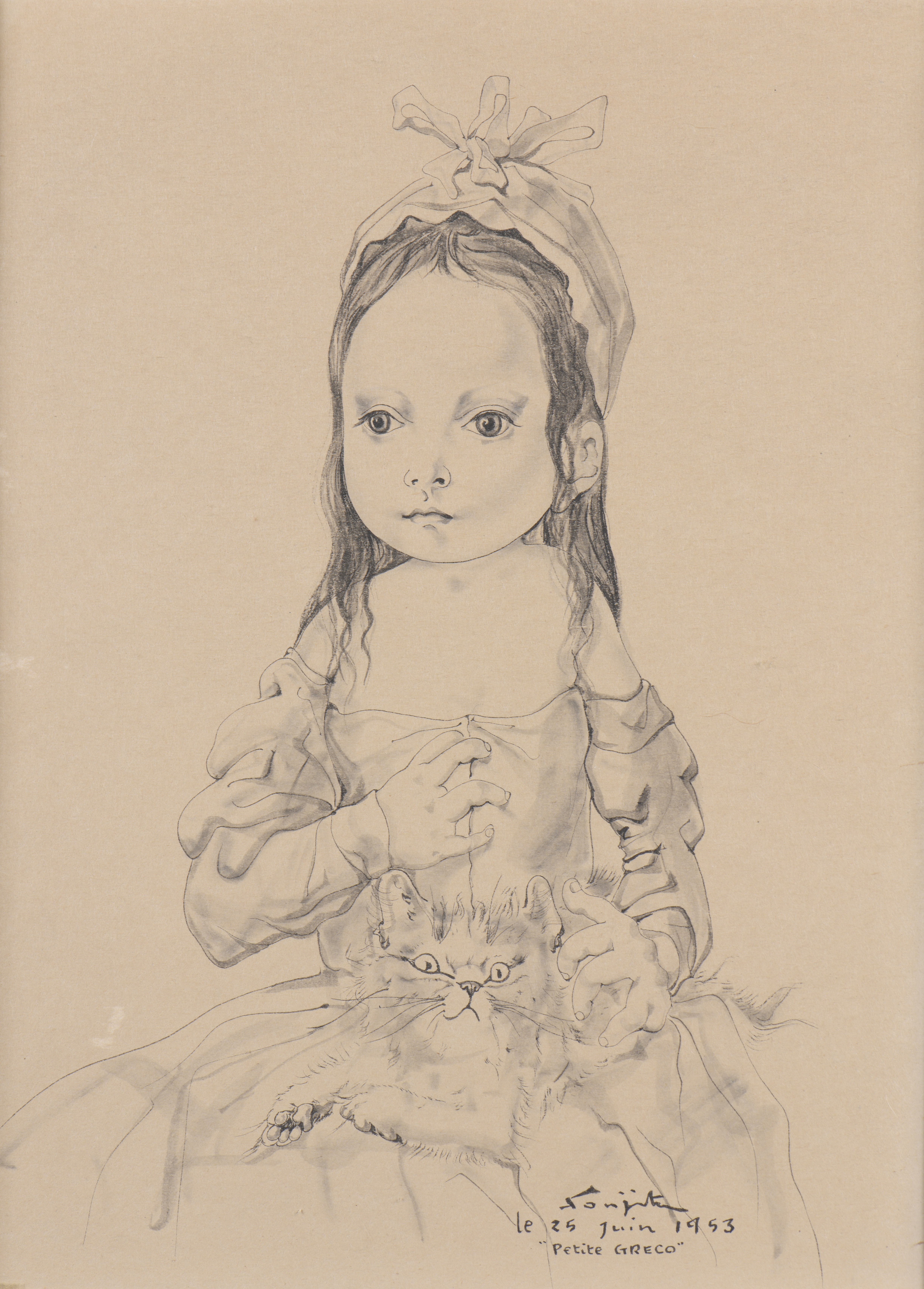 Léonard-Tsuguharu FOUJITA (1886-1968) — La petite Gréco au chat, 25 juin 1953