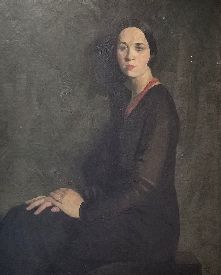 Ywan CERF (1883-1963) — Portrait de femme de profil à la robe noire et au col rouge