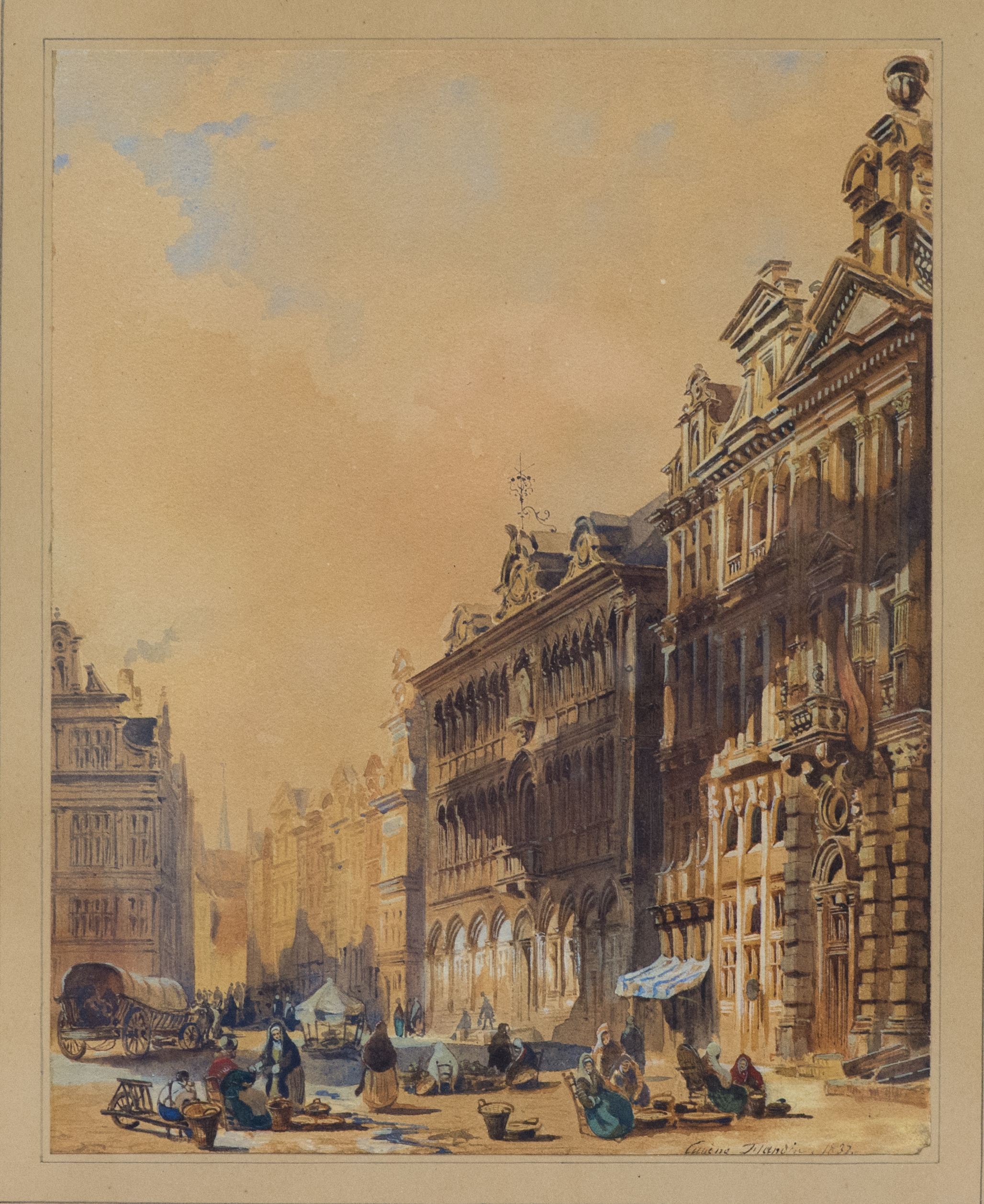 Eugène FLANDIN (1809-1876) — Scène de marché sur une place, 1837