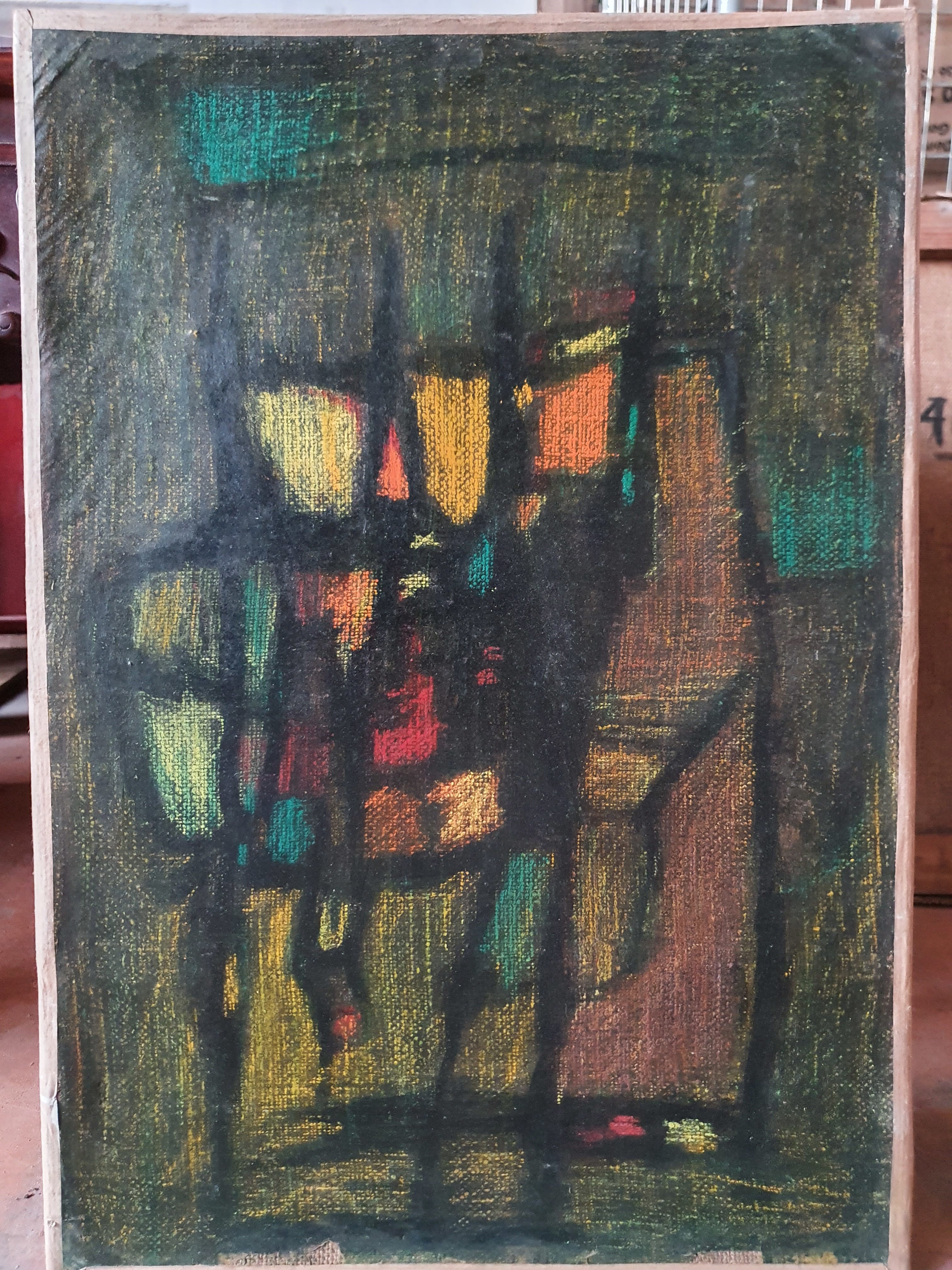 Daniel PANAGOPOULOS dit DANIL (1924-2008) — \"Composition abstraite, verticalités noires sur fond vert\"