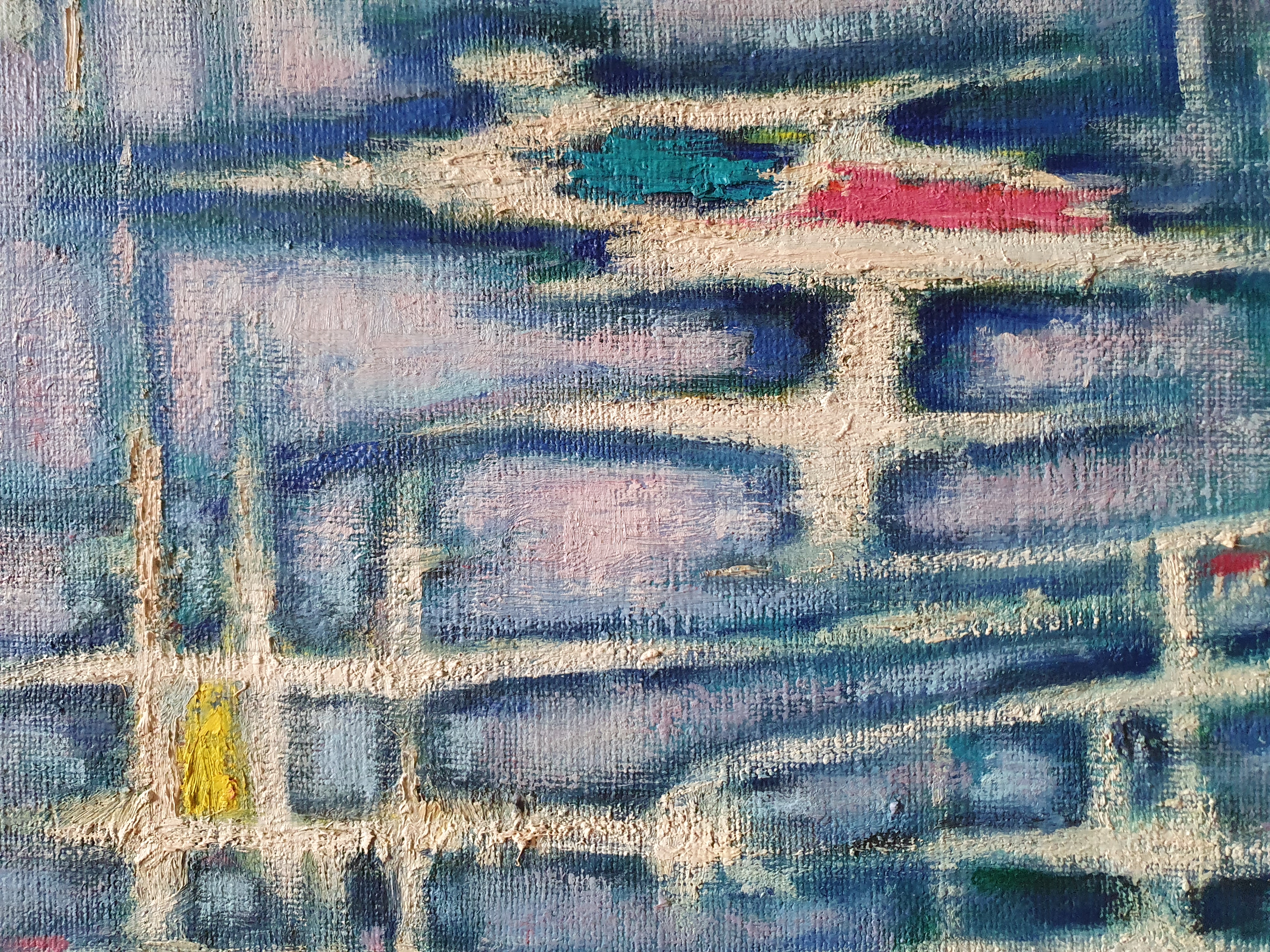 Daniel PANAGOPOULOS dit DANIL (1924-2008) — \"Composition abstraite cruciforme rouge et jaune sur fond bleu\"