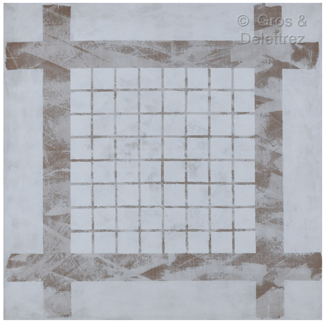 Claire PICHAUD (1935-2017) — Hommage à Malevitch, circa 1980/1981 Blanc beige (petits carré dans un grand carré)