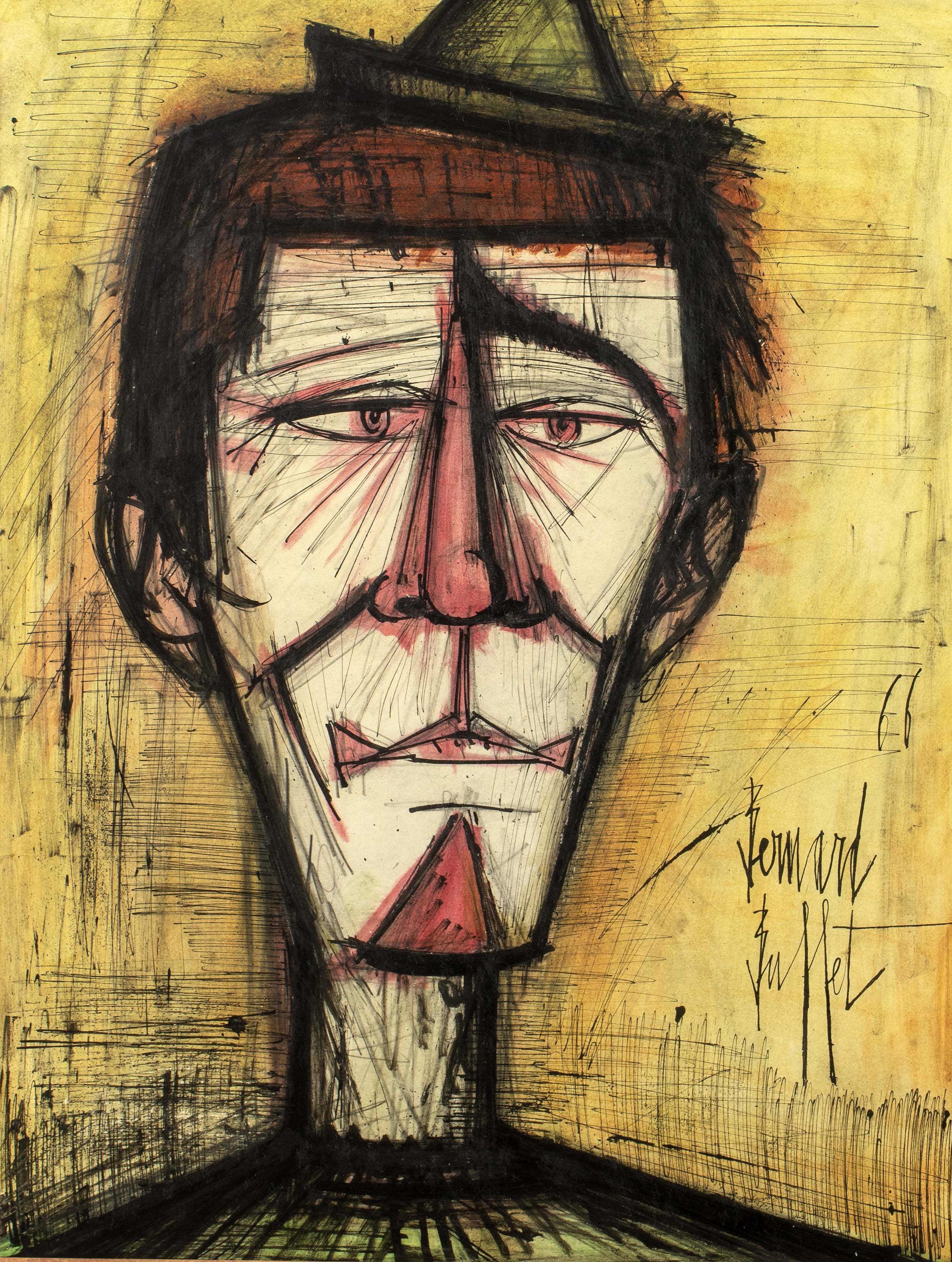 Bernard BUFFET (1928-1999) — \"Le clown au chapeau vert\" 1966