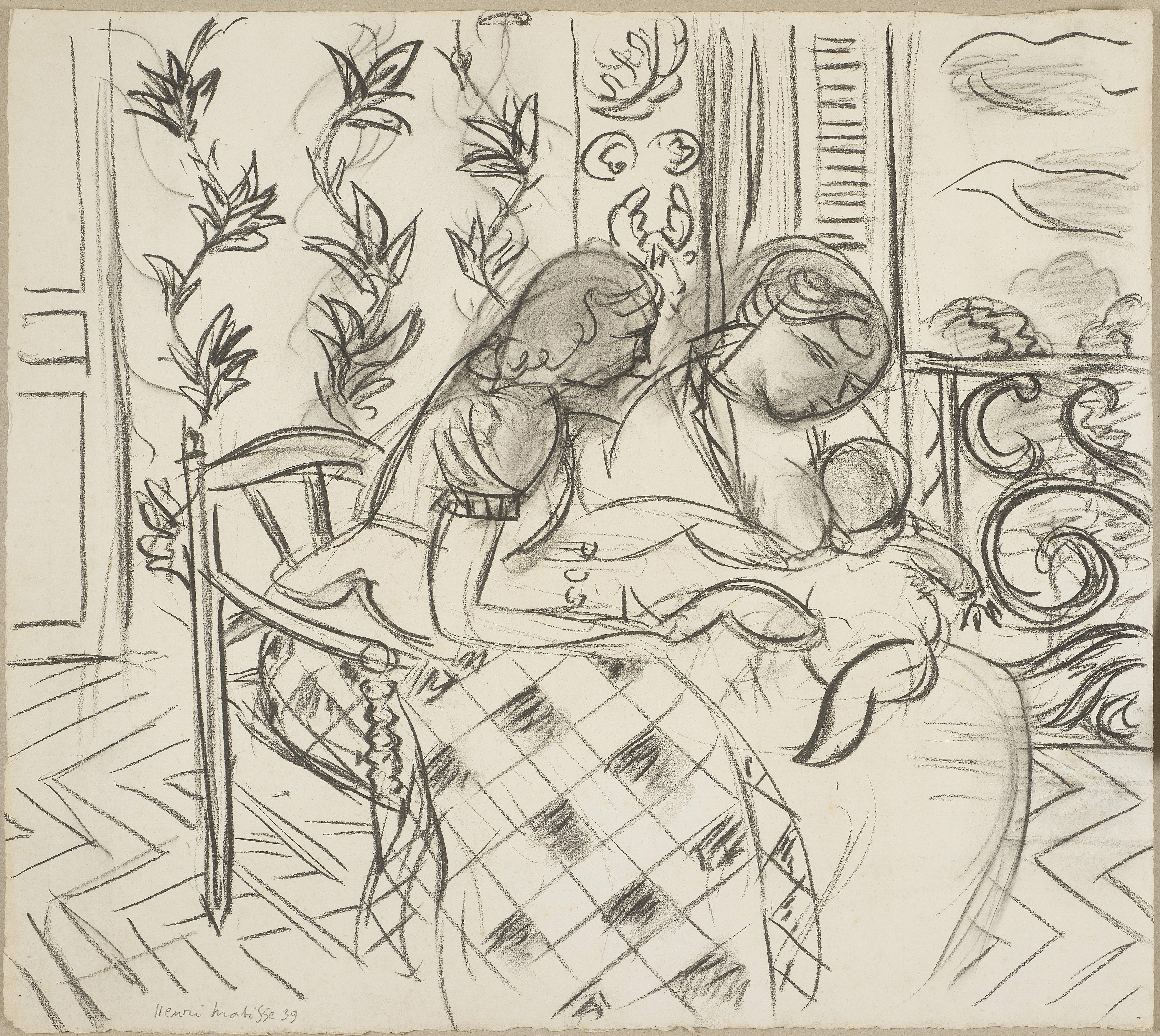 Henri MATISSE (1869-1954) — Deux femmes et un enfant dans un intérieur, fenêtre ouverte, janvier 1939.