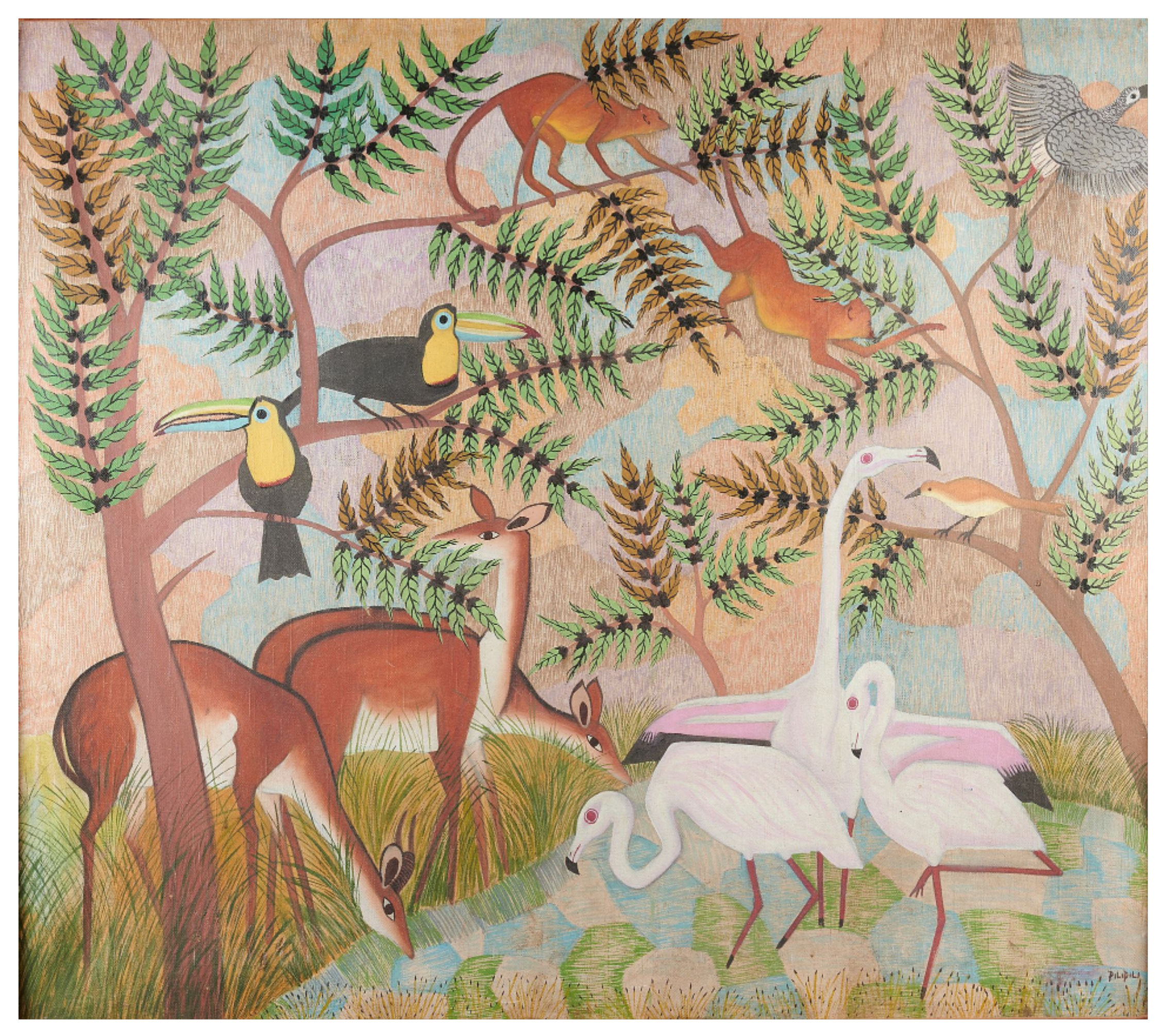 Pilipili MULONGOY (1914-2007) — Flamands roses, singes et biches au bord de l'eau