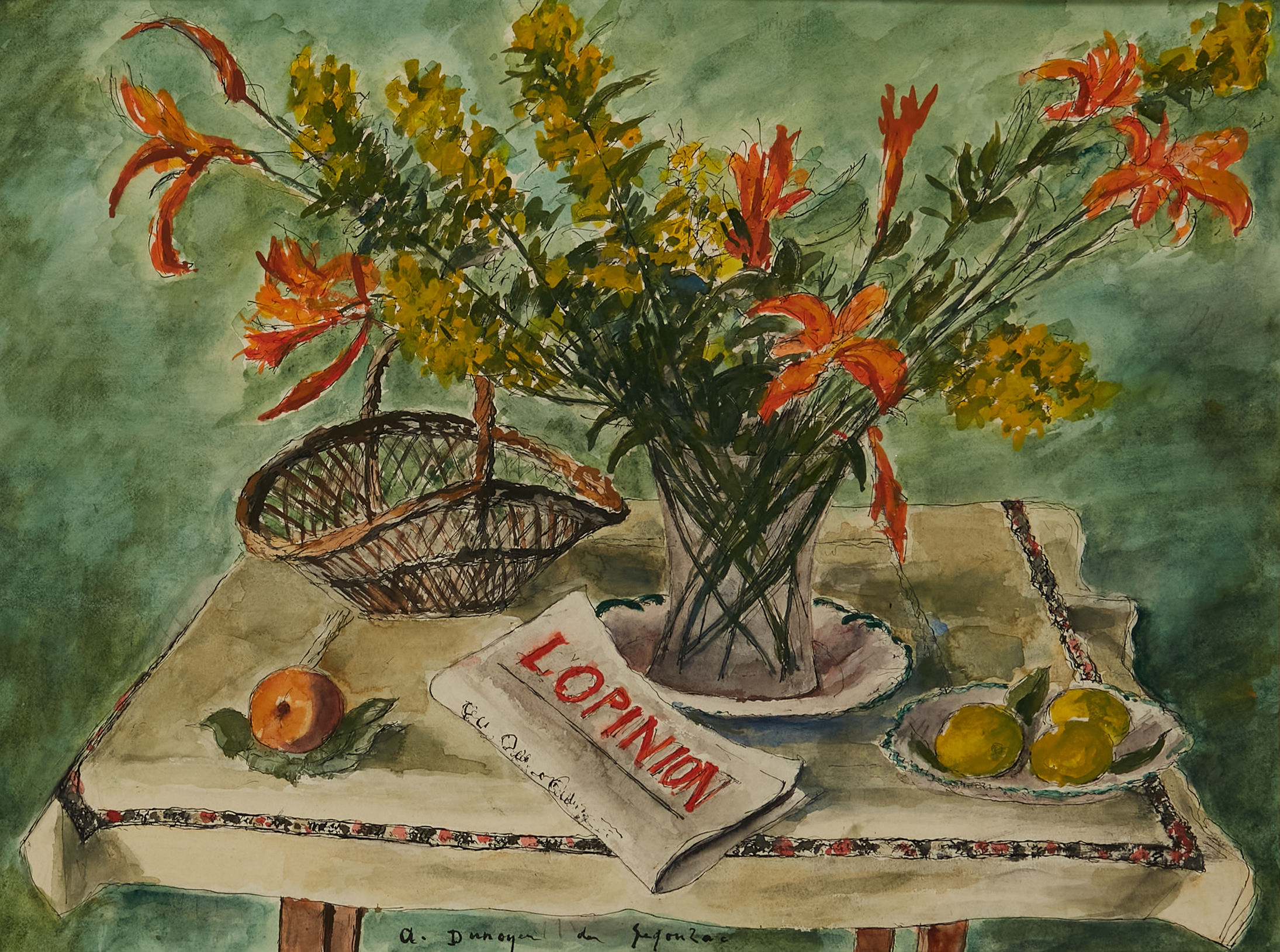 André Albert Marie DUNOYER de SEGONZAC (1884-1974) — Nature morte au bouquet de fleur et au journal L'Opinion