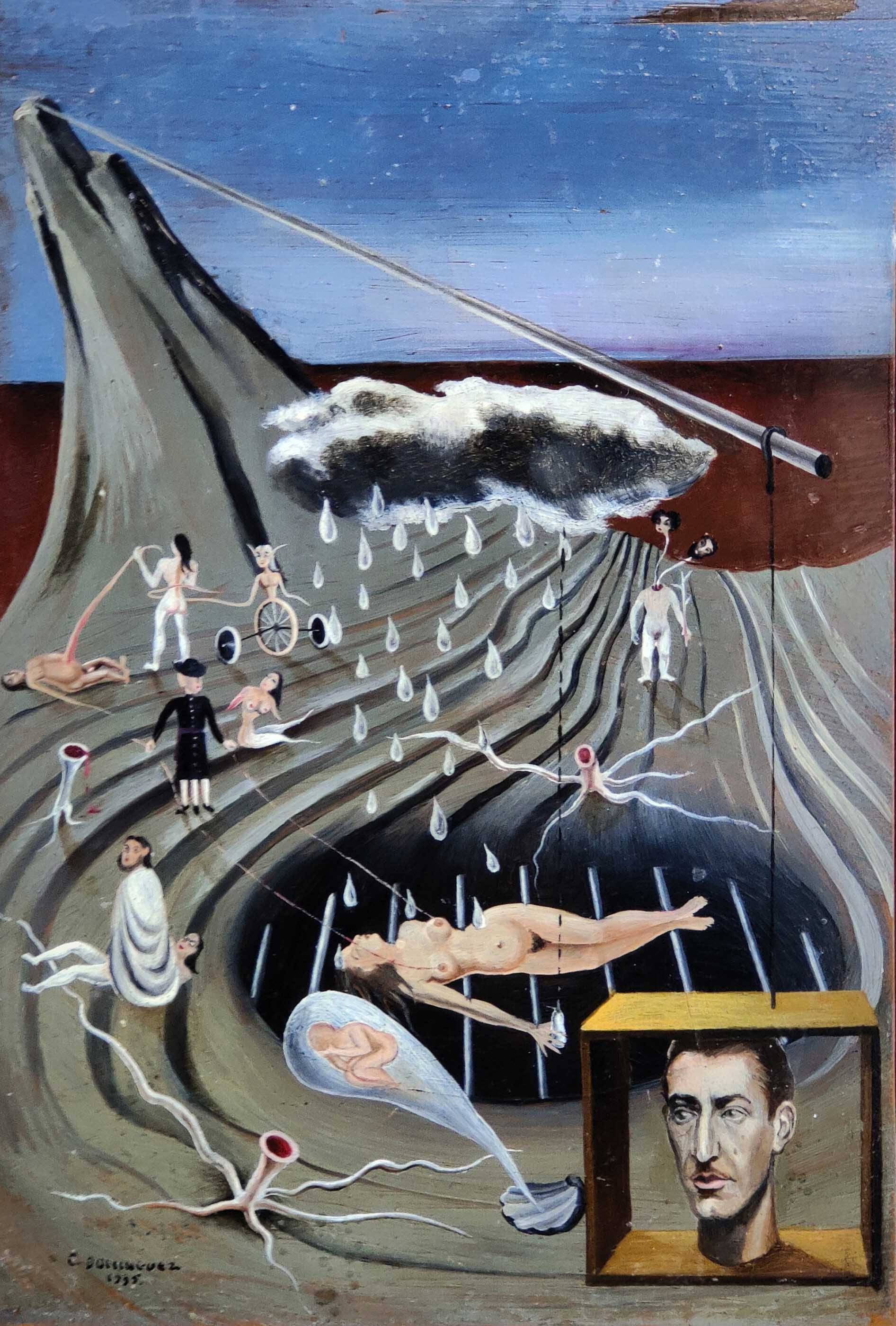 École surréaliste, 1935 — Scène érotique et visage encagé.