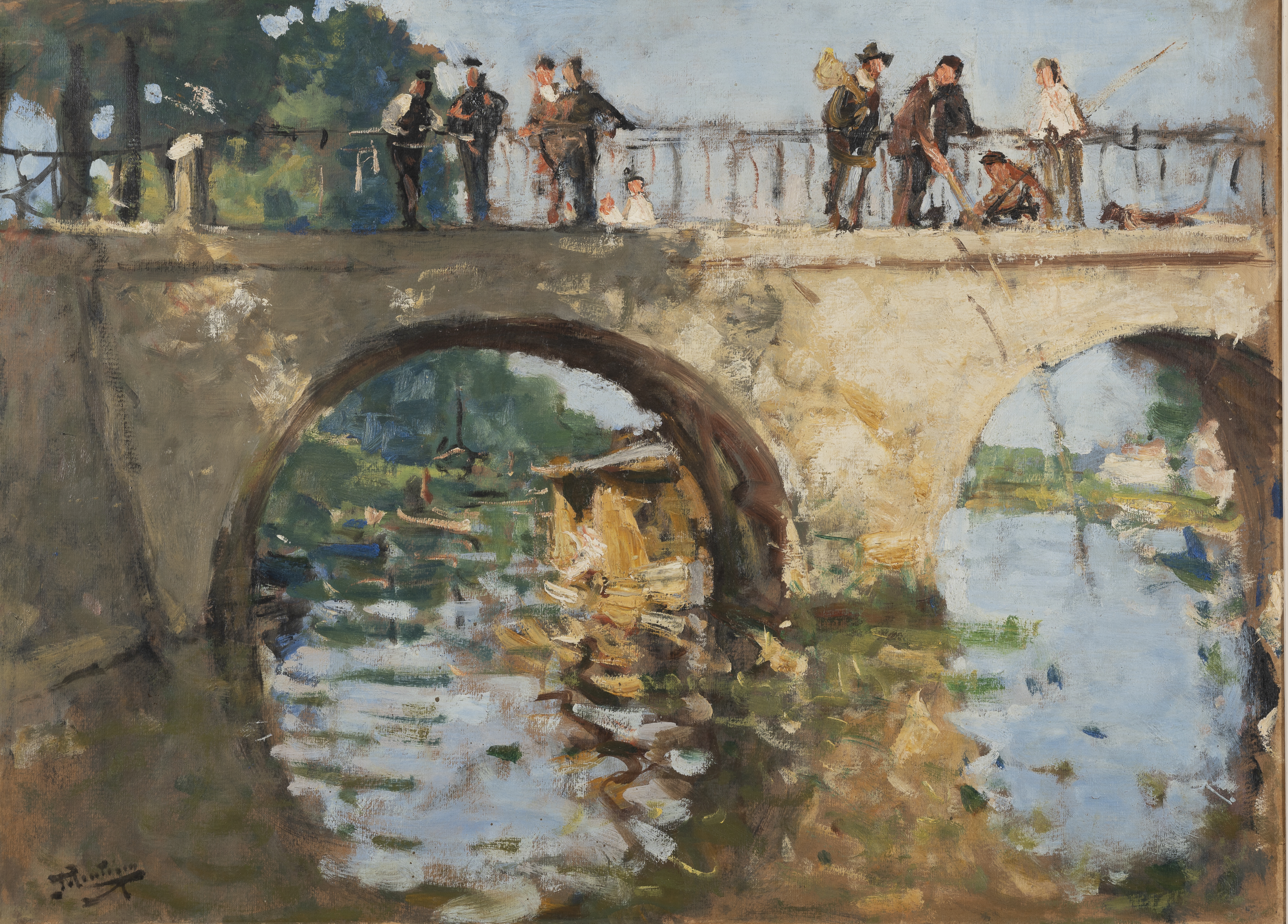 Pierre Eugène MONTEZIN (1874-1946) — Les pêcheurs sur le pont de Saint-Mammès.