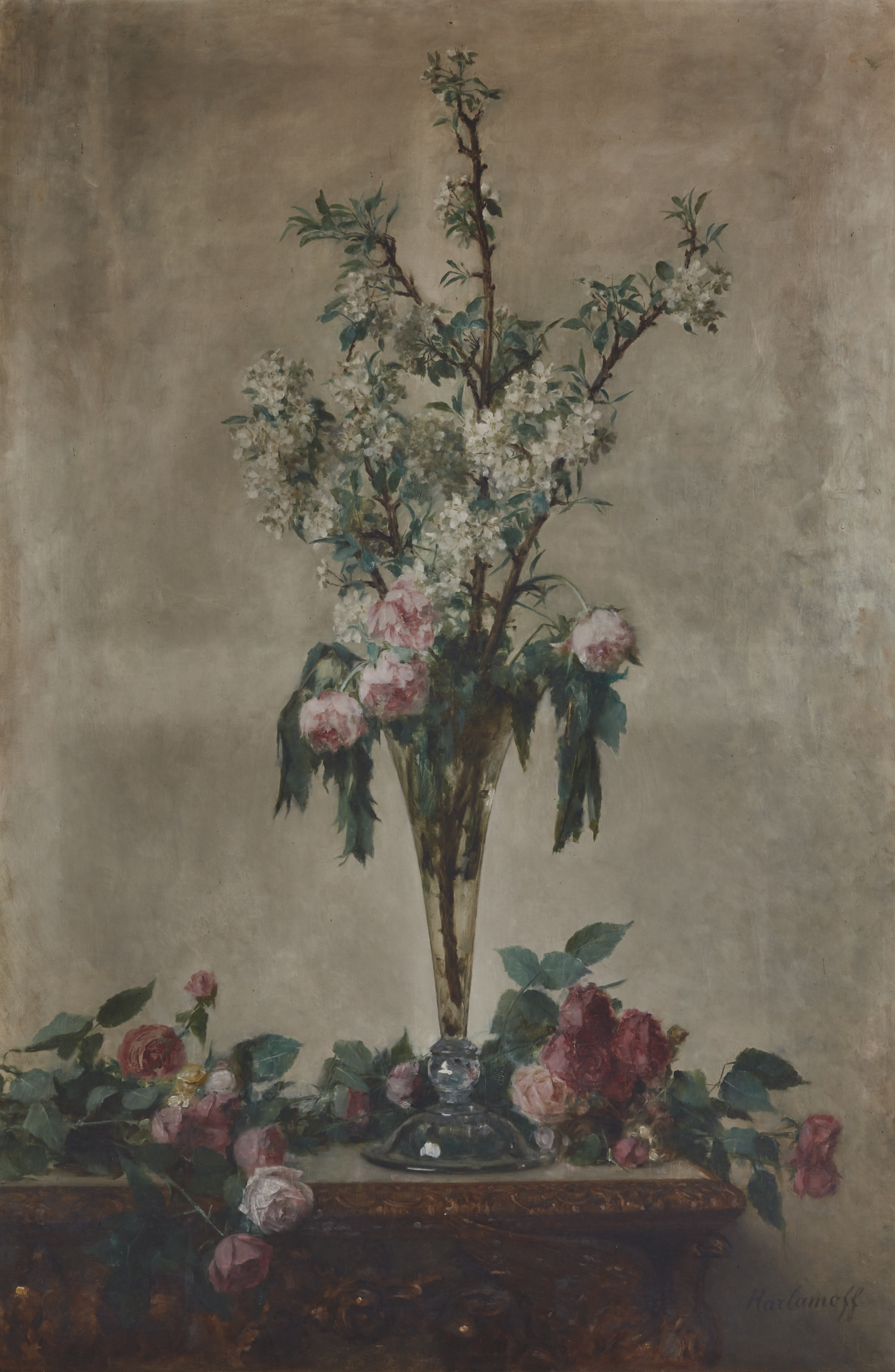 Alexei Alexeievich HARLAMOFF (1840-1925) — Bouquet de rose et de branches de pommier sur un entablement