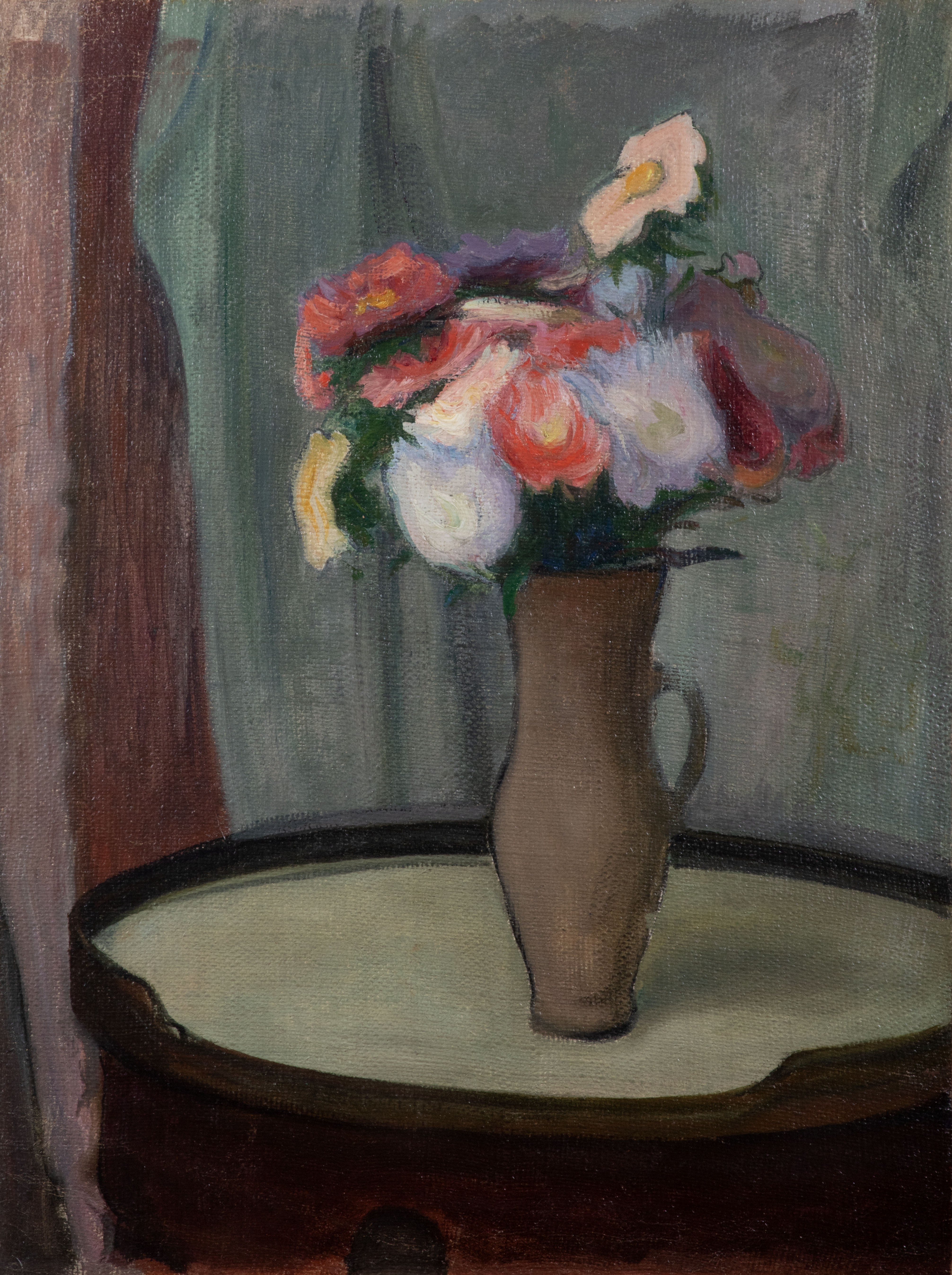Ladislas SLEWINSKI (1854-1918) — Fleurs au pichet sur une table bouillotte, circa 1916