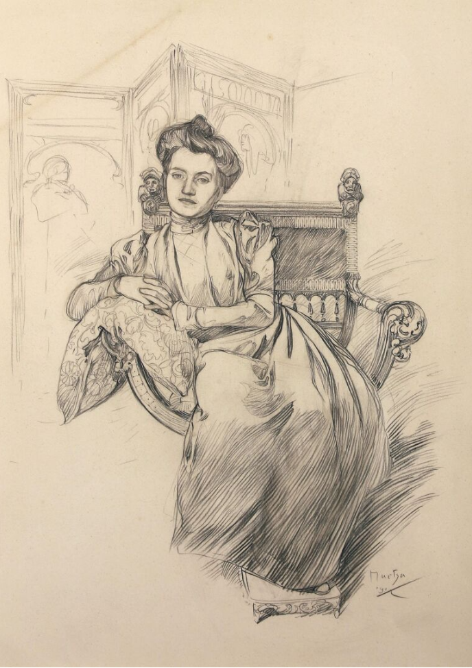 Alphonse MUCHA (1860-1939) — Portrait de Louise Papillard assise dans l'atelier de Mucha, 1902