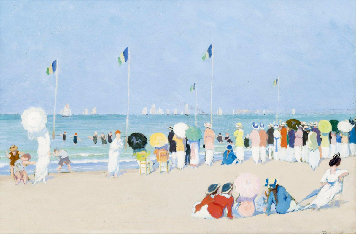  — Estivants sur la plage de Deauville regardant la régate