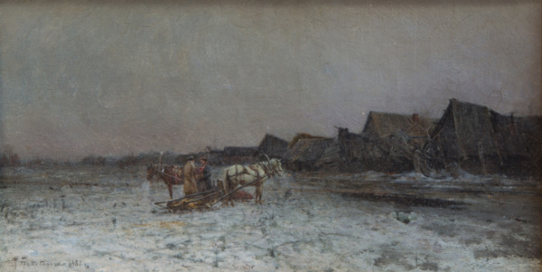 — Attelage et paysans russes à lentrée dun village en hiver