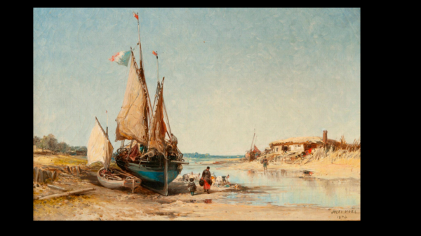 Jules Achille NOËL (1810-1881) — Lavandières et bateaux de pêche à marée basse, 1874