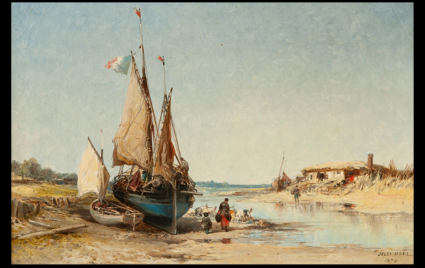 Jules Achille NOËL (1810-1881) — Lavandières et bateaux de pêche à marée basse, 1874