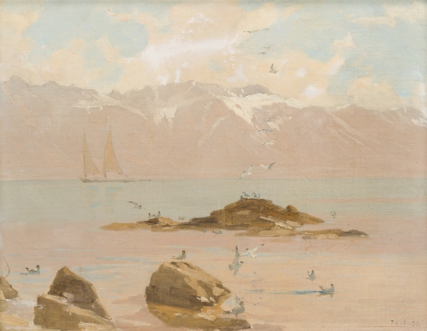 FRANÇOIS BOCION (1828-1890) — Voilier et mouettes au large de Pully, Suisse
