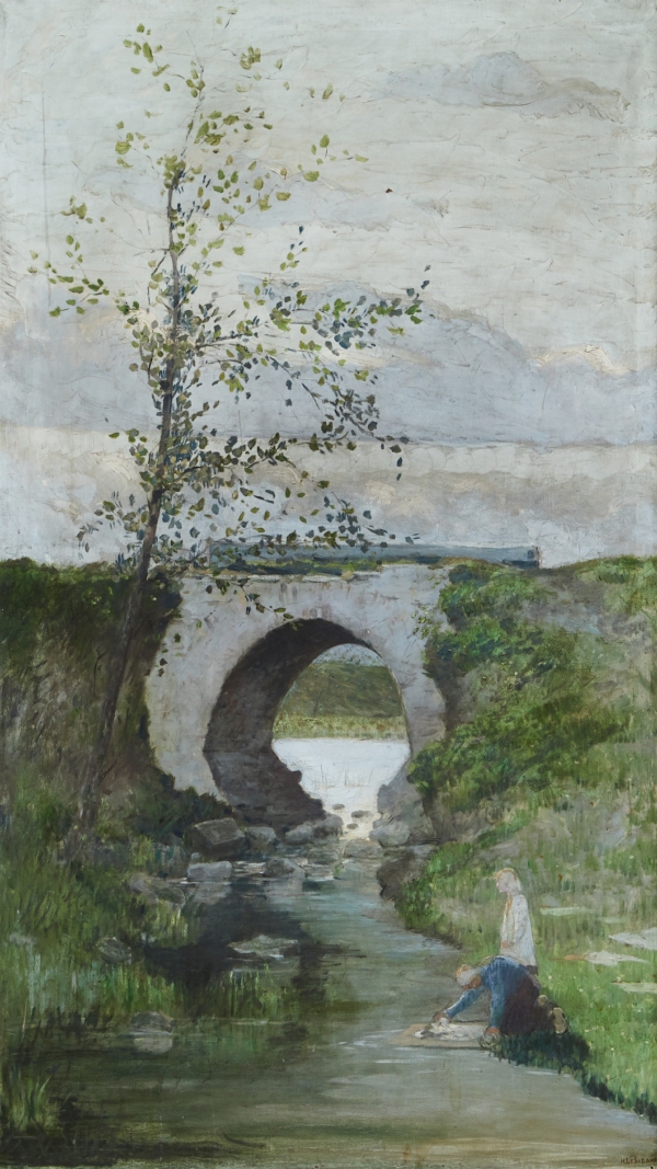 Henri LE SIDANER (1862-1939) — «Pont sur un canal avec laveuses au premier plan, Mardyck, vers 1884»