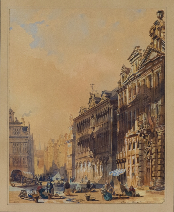 Eugène FLANDIN (1809-1876) — Scène de marché sur une place, 1837