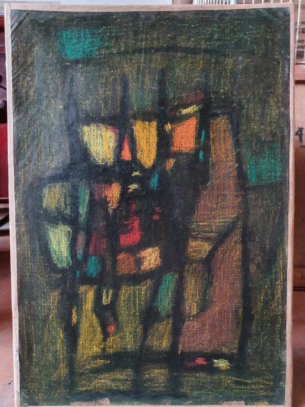 Daniel PANAGOPOULOS dit DANIL (1924-2008) — \"Composition abstraite, verticalités noires sur fond vert\"