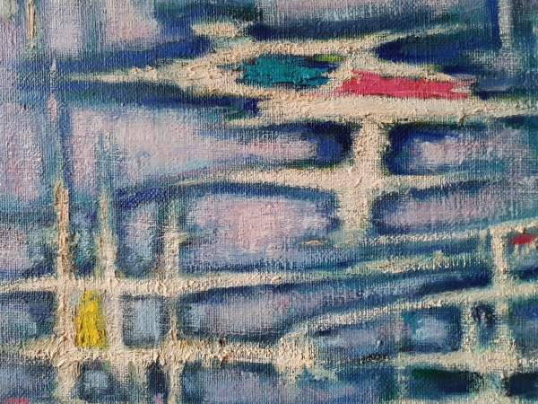 Daniel PANAGOPOULOS dit DANIL (1924-2008) — \"Composition abstraite cruciforme rouge et jaune sur fond bleu\"