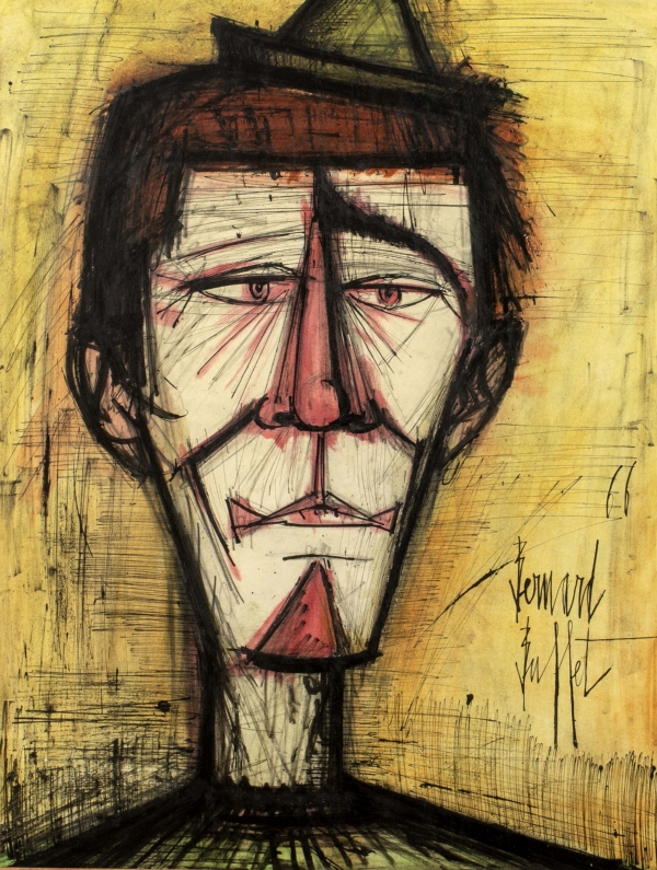 Bernard BUFFET (1928-1999) — \"Le clown au chapeau vert\" 1966
