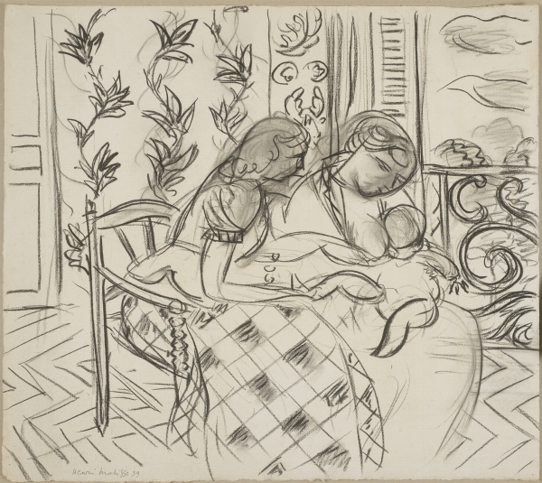 Henri MATISSE (1869-1954) — Deux femmes et un enfant dans un intérieur, fenêtre ouverte, janvier 1939.