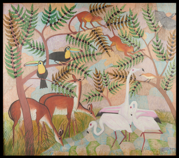 Pilipili MULONGOY (1914-2007) — Flamands roses, singes et biches au bord de l'eau