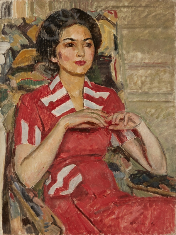Bertrand PY (1895-1973) — Jeune femme en robe rouge et blanche