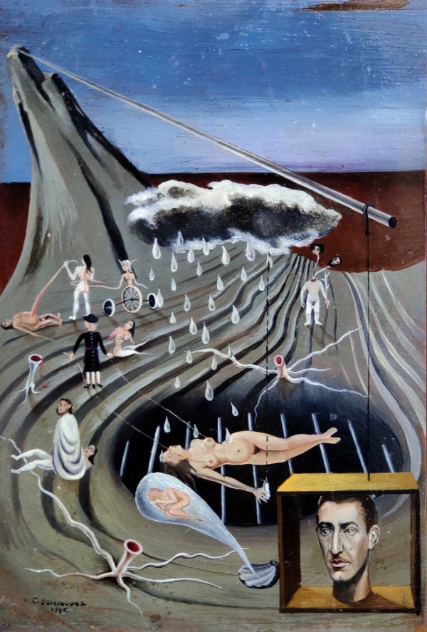 École surréaliste, 1935 — Scène érotique et visage encagé.