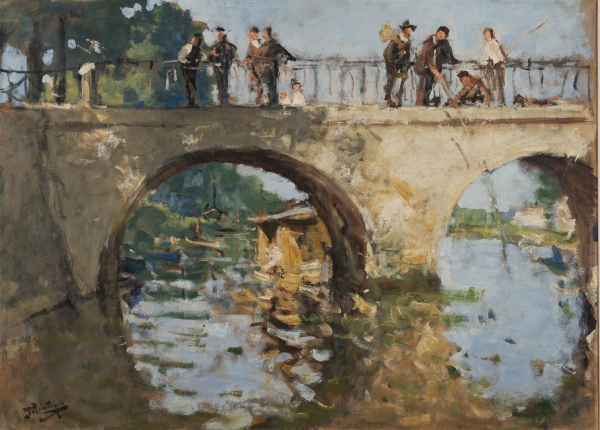 Pierre Eugène MONTEZIN (1874-1946) — Les pêcheurs sur le pont de Saint-Mammès.