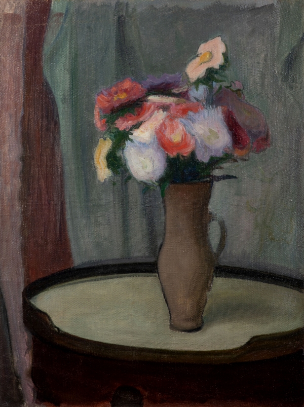 Ladislas SLEWINSKI (1854-1918) — Fleurs au pichet sur une table bouillotte, circa 1916