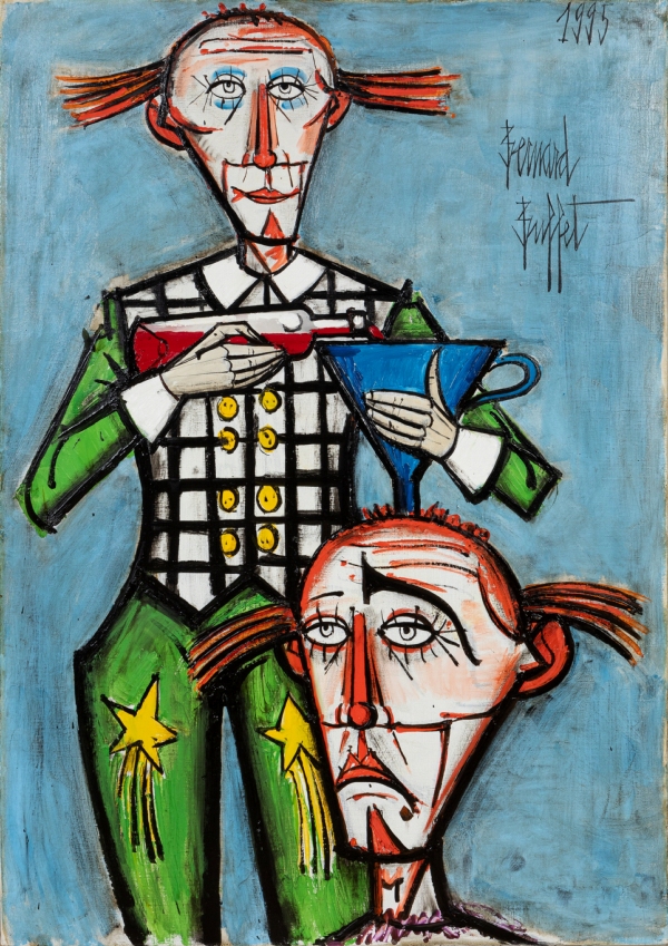 Bernard BUFFET (1928-1999) — Deux clowns, fond bleu, 1995
