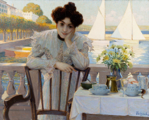 Jeune femme prenant le thé au bord du lac